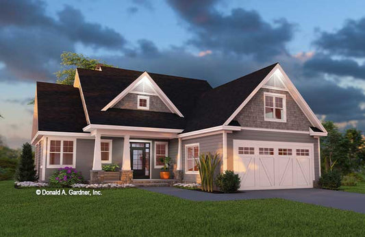 Dusk front rendering of The Chloe house plan 1507.