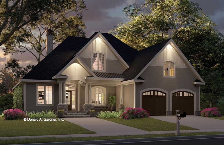 Dusk front rendering of The Brookmoor house plan 5024.