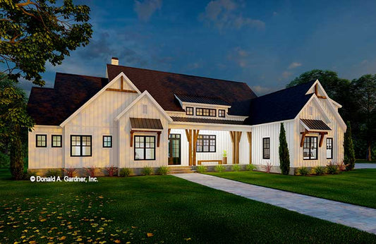 Dusk front rendering of The Thora house plan 1561