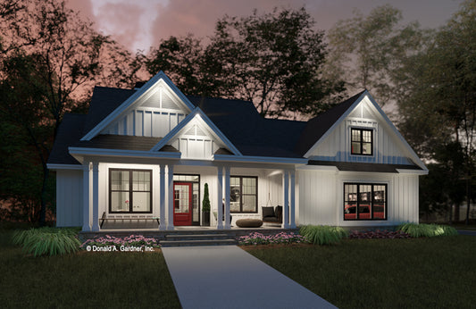 Dusk front rendering of The Virgil house plan 1564. 