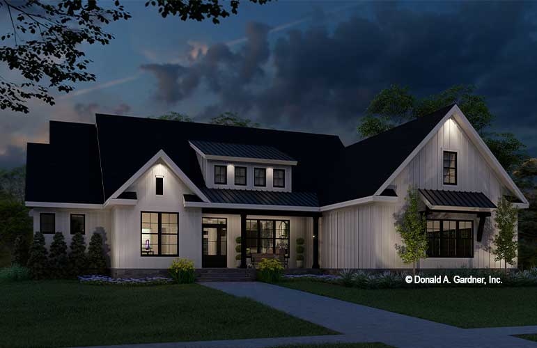 Dusk front rendering of The Lucas house plan 1632.