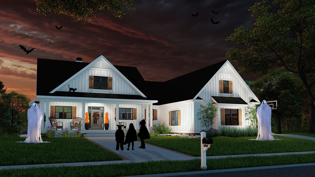 Halloween front exterior of The Raymond house plan 1633.