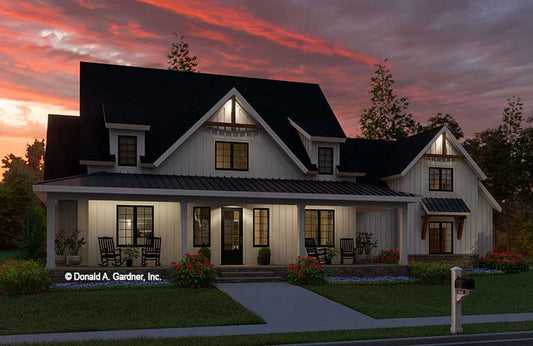 Dusk front rendering of The Larissa house plan 1642.