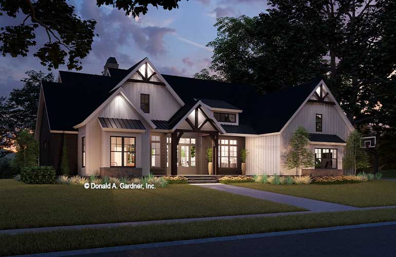 Dusk front rendering of The Naomi house plan 1809.