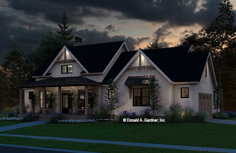 Dusk front rendering of The Stargaze Grove house plan 1812.