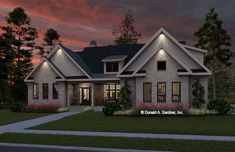 Dusk front rendering of The Silverbrook house plan 1813.