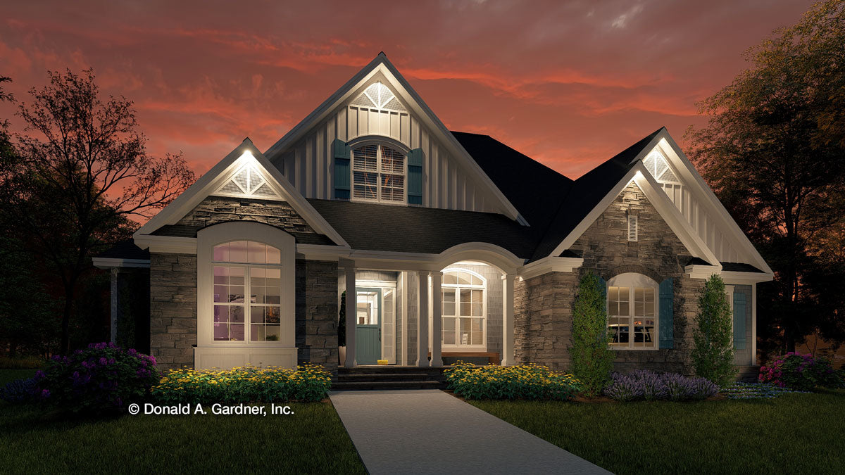 Dusk front rendering of The Becker house plan 1293.