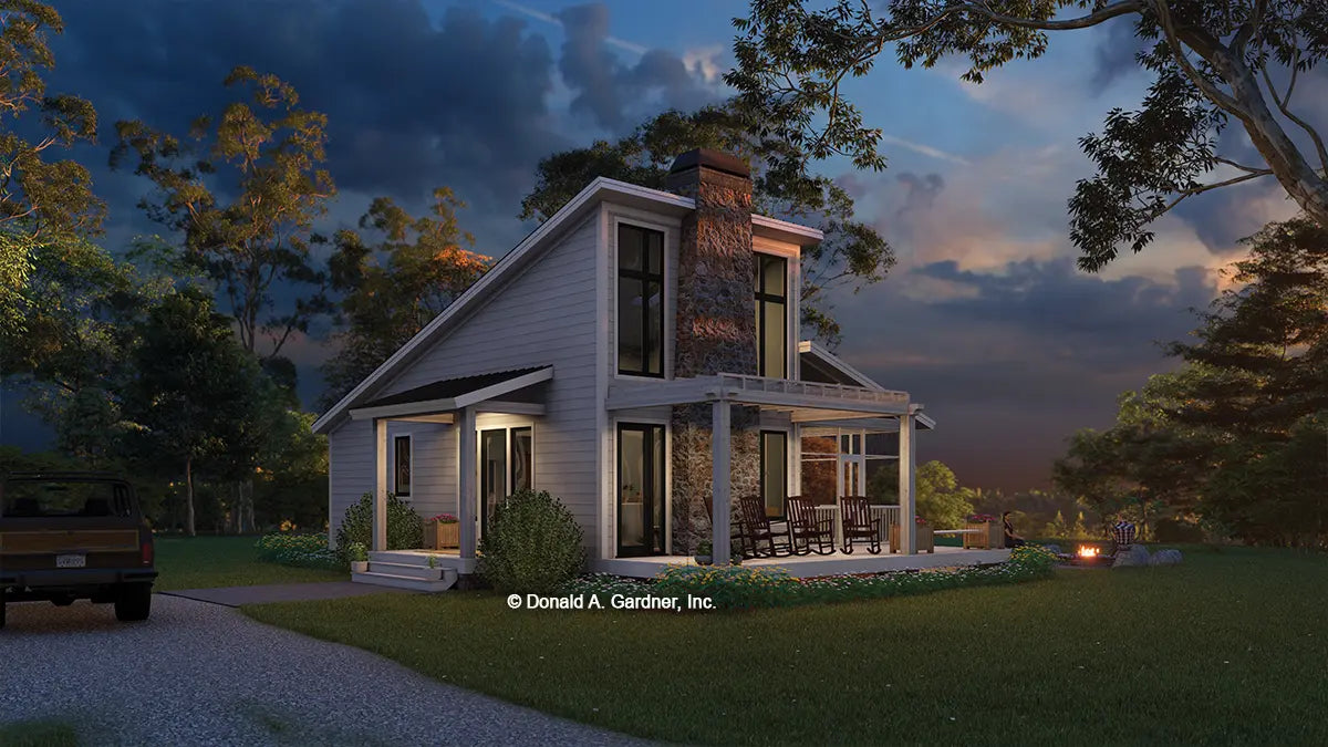 Dusk front rendering of The Billy house plan 1641.