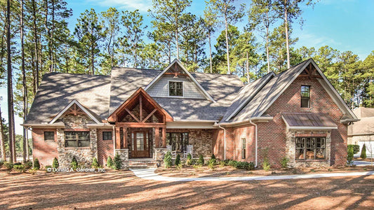 Front brick exterior of The Drake house plan 1371.