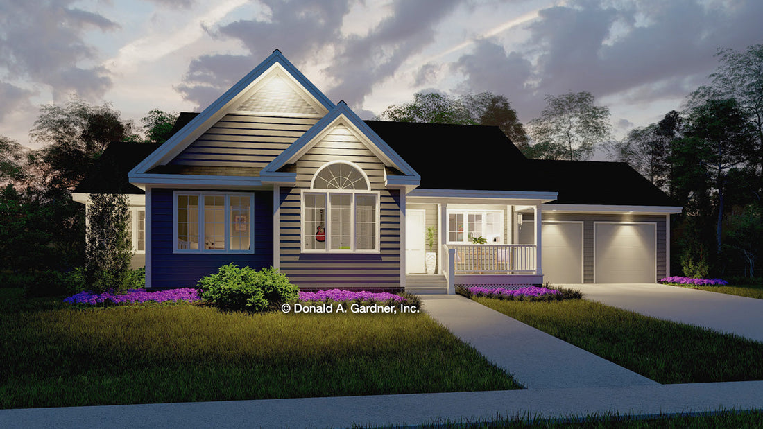 Dusk front rendering of The Hawthorne house plan 265.