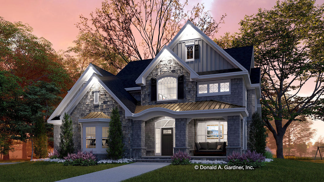 Dusk front rendering of The Rutherford house plan 1241.