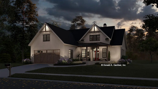 Dusk front rendering of The Thorncrest house plan 1817.