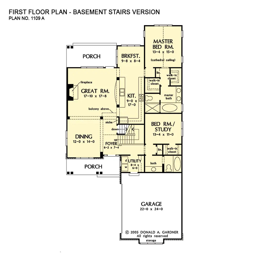 This is the first floor plan image for traditional house plan 1109 The Abbott if the home is built over a basement