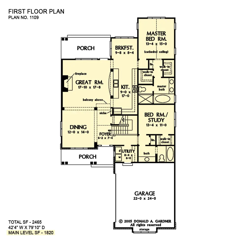 This is the first floor plan image for narrow lot house plan 1109 The Abbott