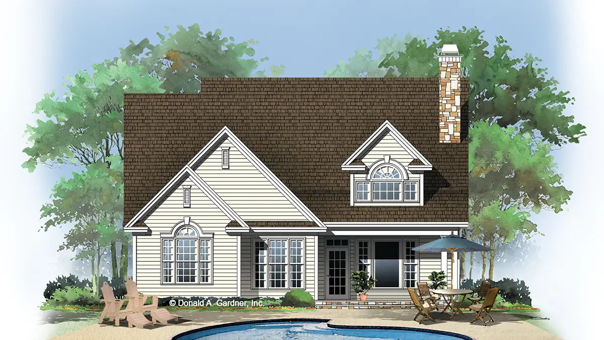 This is an illustration of the rear of traditional house plan 1109 The Abbott