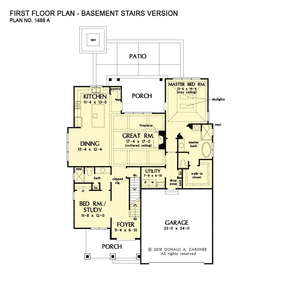 This is the first floor plan image for narrow lot house plan 1488 The Abigail if the home is built over a basement