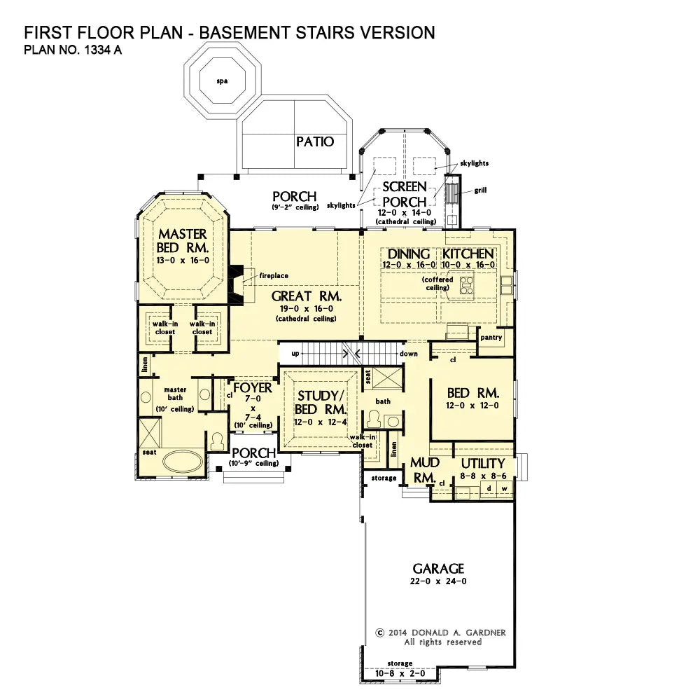 This is the first floor plan image for three bedroom house plan 1334 The Adrian if the home is built over a basement