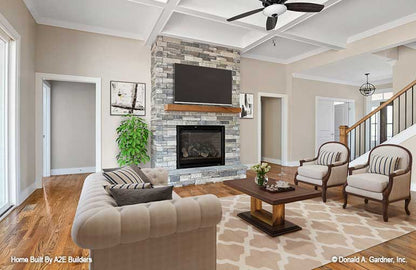 View of the Great room with coffered ceiling and stone fireplace. Agatha plan 1500