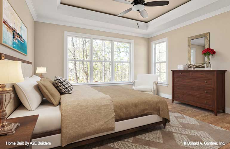 Well-lit master bedroom with tray ceiling. Agatha plan 1500