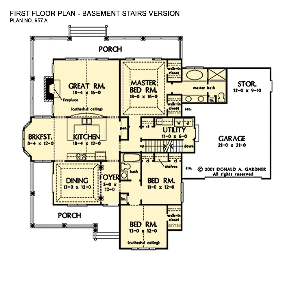 This is the first floor plan image for three bedroom house plan 957 The Alden if the home is built over a basement