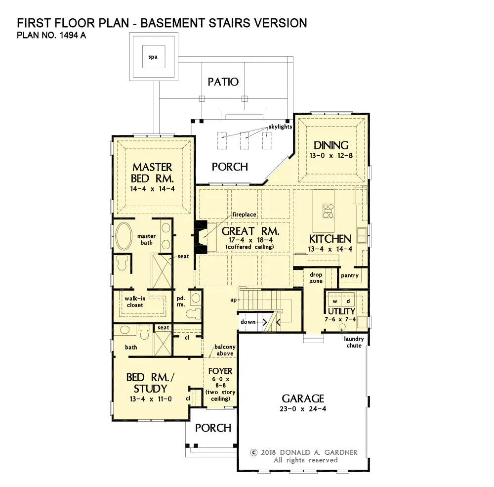 This is the first floor plan image for luxury house plan 1494 The Alice if the home is built over a basement