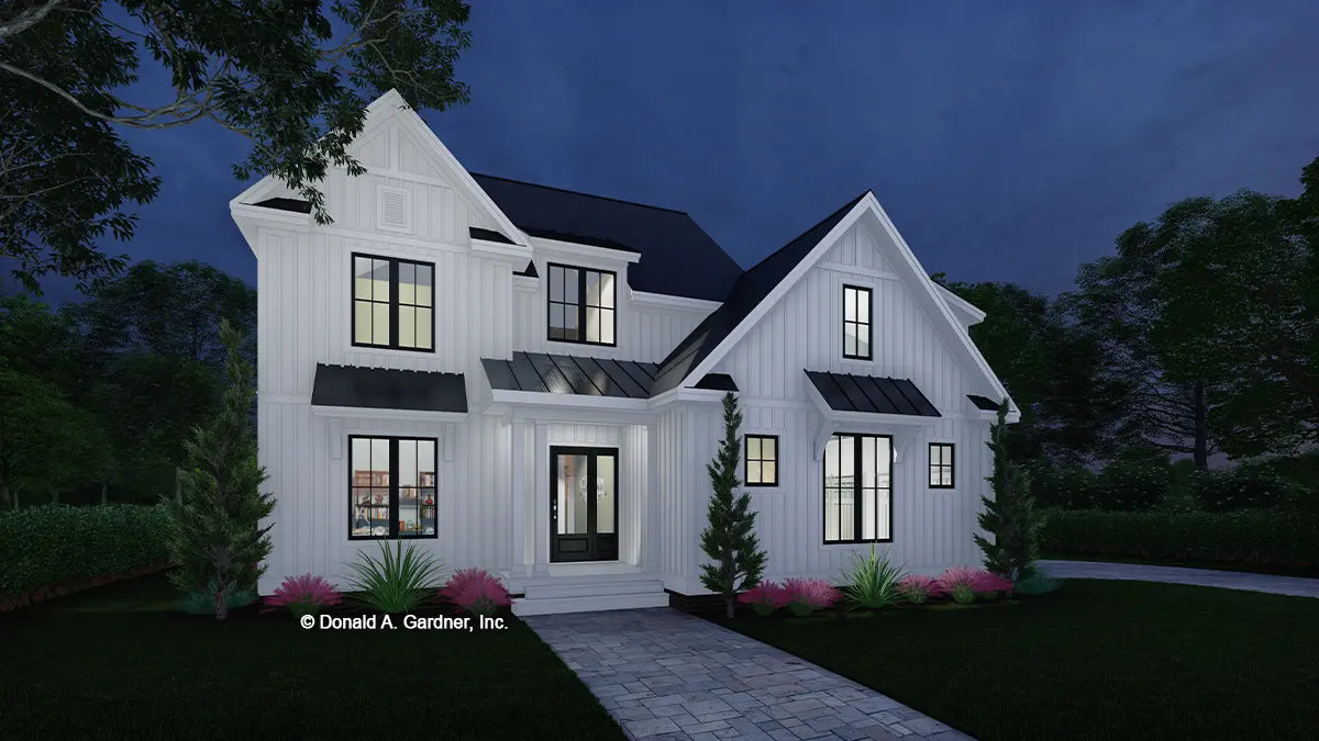 This is an illustration of the front of two story house plan 1494 The Alice at dusk