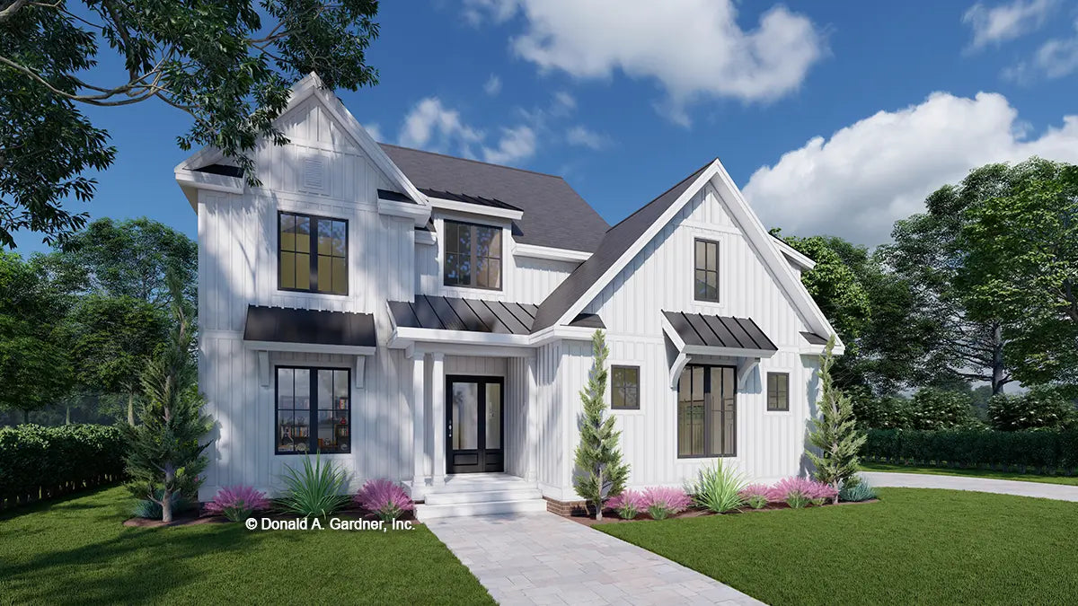 This is an illustration of the front of Modern Farmhouse house plan 1494 The Alice