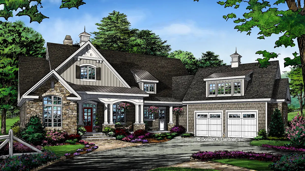 This is an illustration of the front of Craftsman house plan 1373 The Ambroise