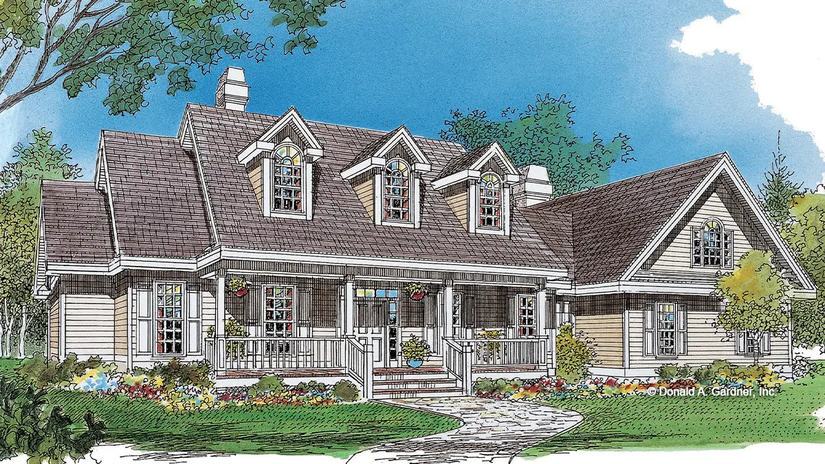 This is an illustration of the front of country house plan 354 The Ammons