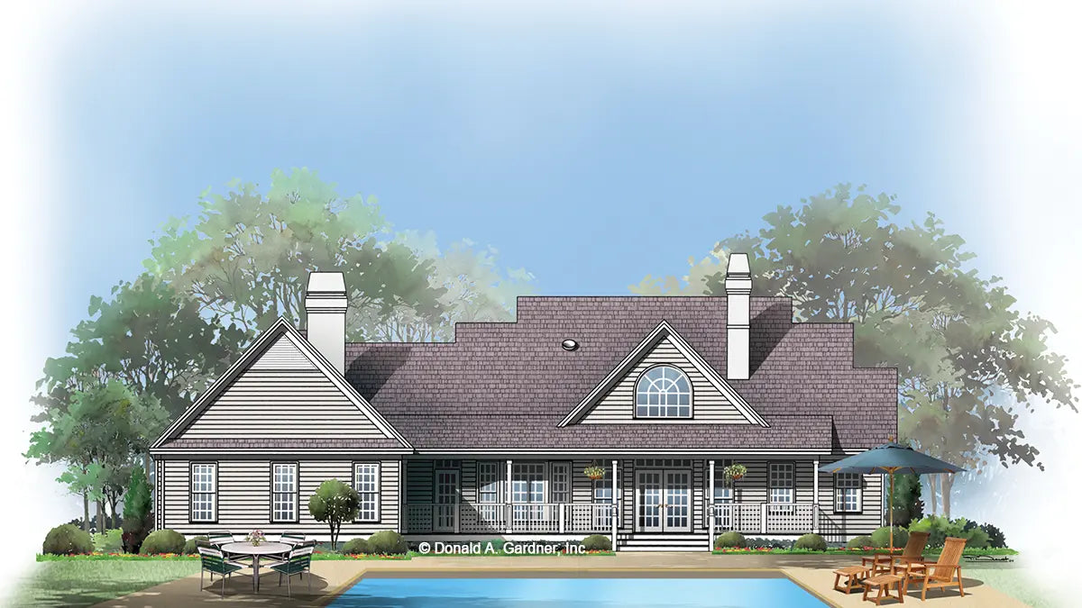 This is an illustration of the rear of three bedroom house plan 354 The Ammons