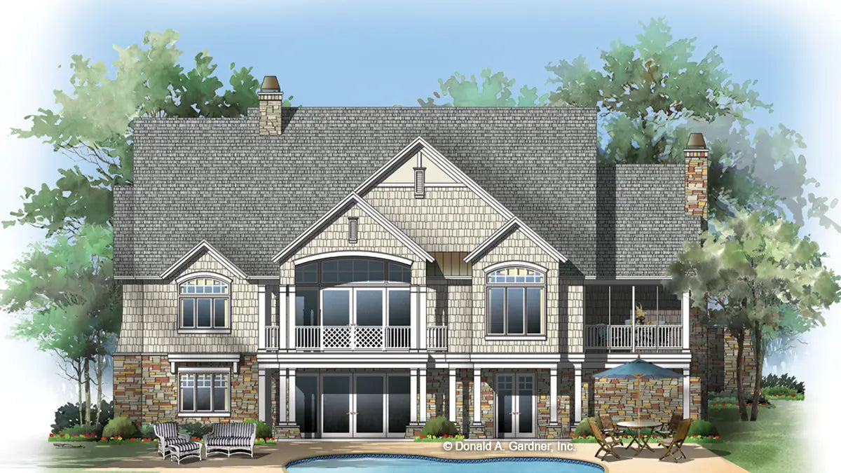 Rear view with walkout basement illustration. The Andalusia plan 1190.