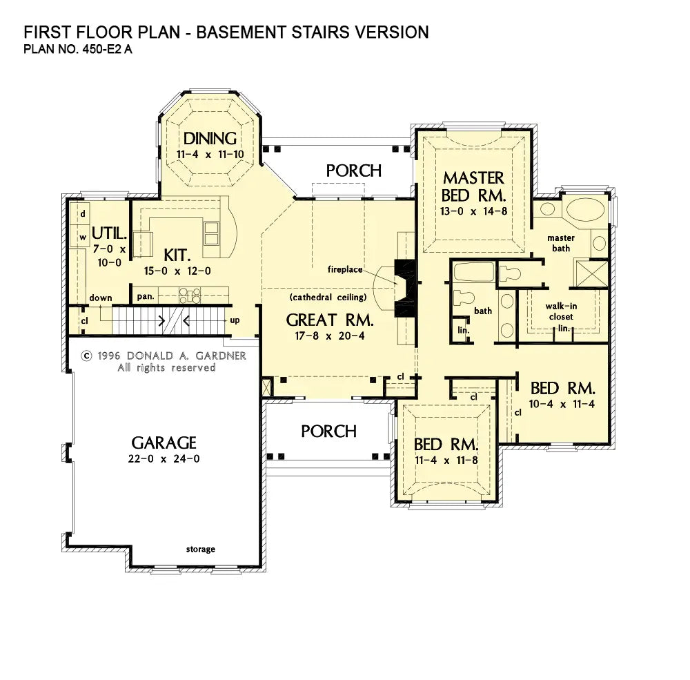 This is the first floor plan image for three bedroom house plan 450-E2 The Andover if the home is built over a basement