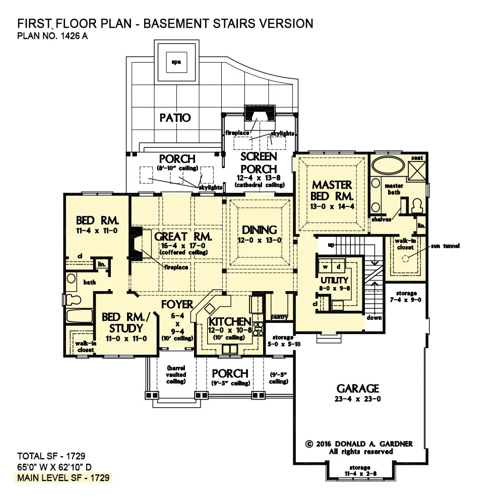 This is the first floor plan image for rustic house plan 1426 The Anna if the home is built over a basement