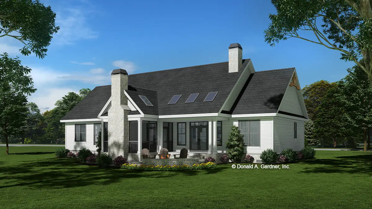 This is an illustration of the rear of rustic house plan 1426 The Anna