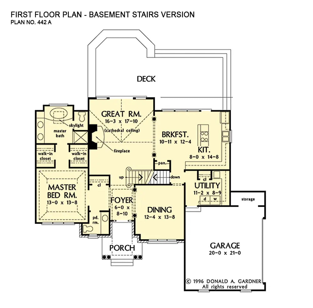 This is the first floor plan image for three bedroom house plan 442 The Appleton if the home is built over a basement