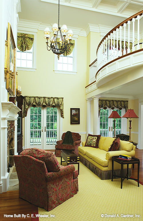 Great room second story ceiling and view to banister above. The Arbordale plan 452.