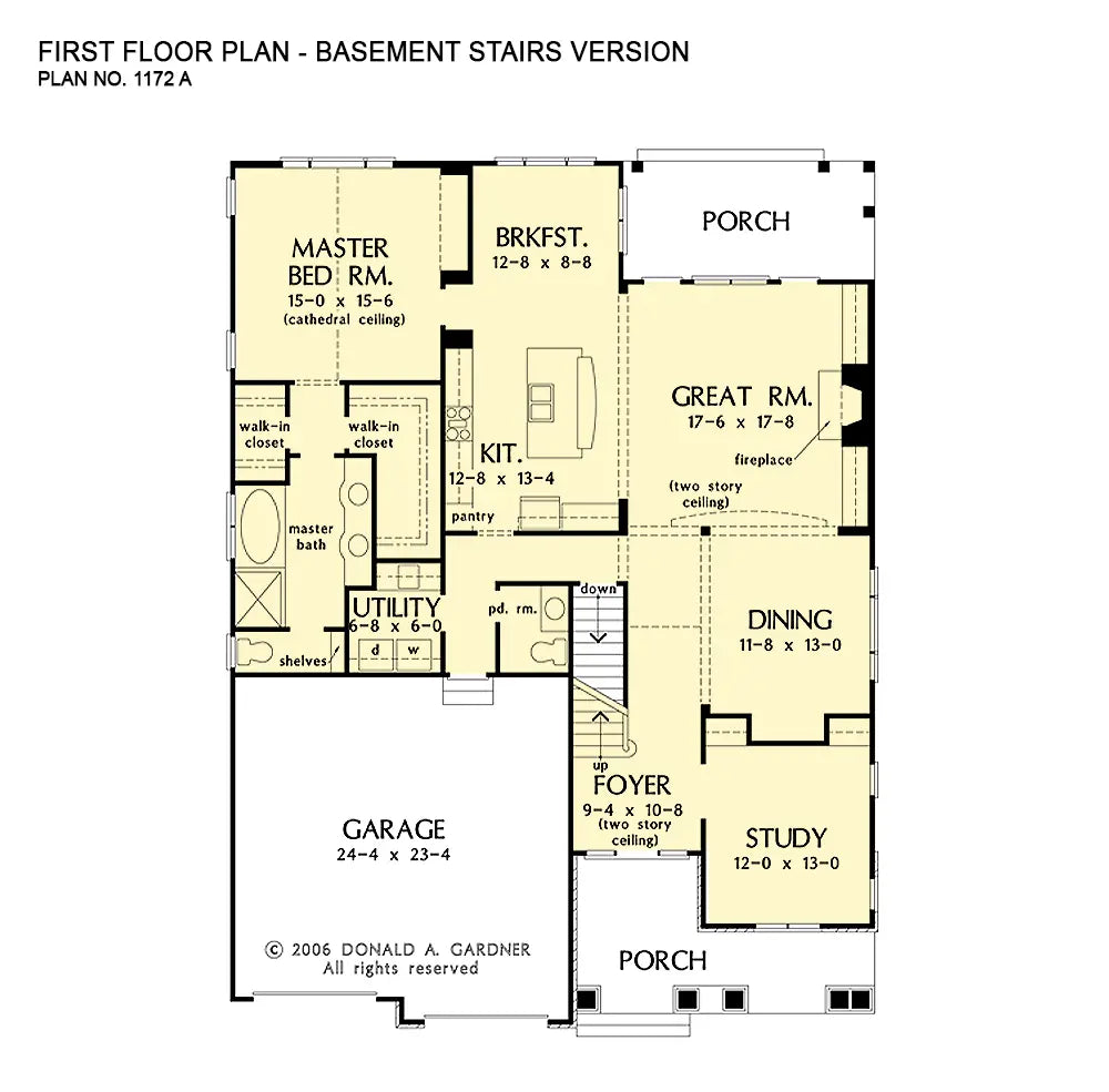 This is the first floor plan image for two story house plan 1172 The Arcadia if the home is built over a basement