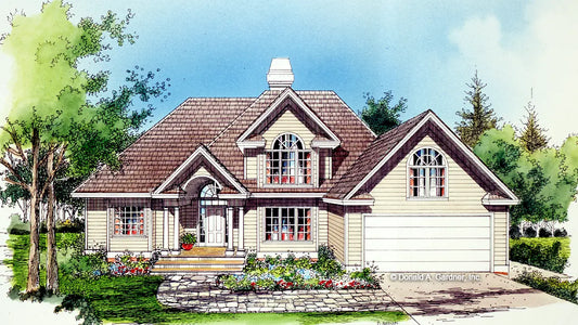 This is an illustration of the front of small house plan 285 The Arden