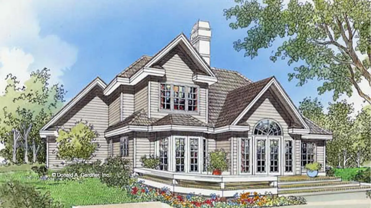 This is an illustration of the rear of three bedroom house plan 285 The Arden