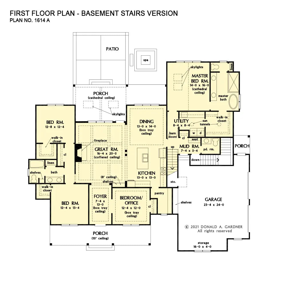 This is the first floor plan image for one story house plan 1614 The Arlene if the home is built over a basement