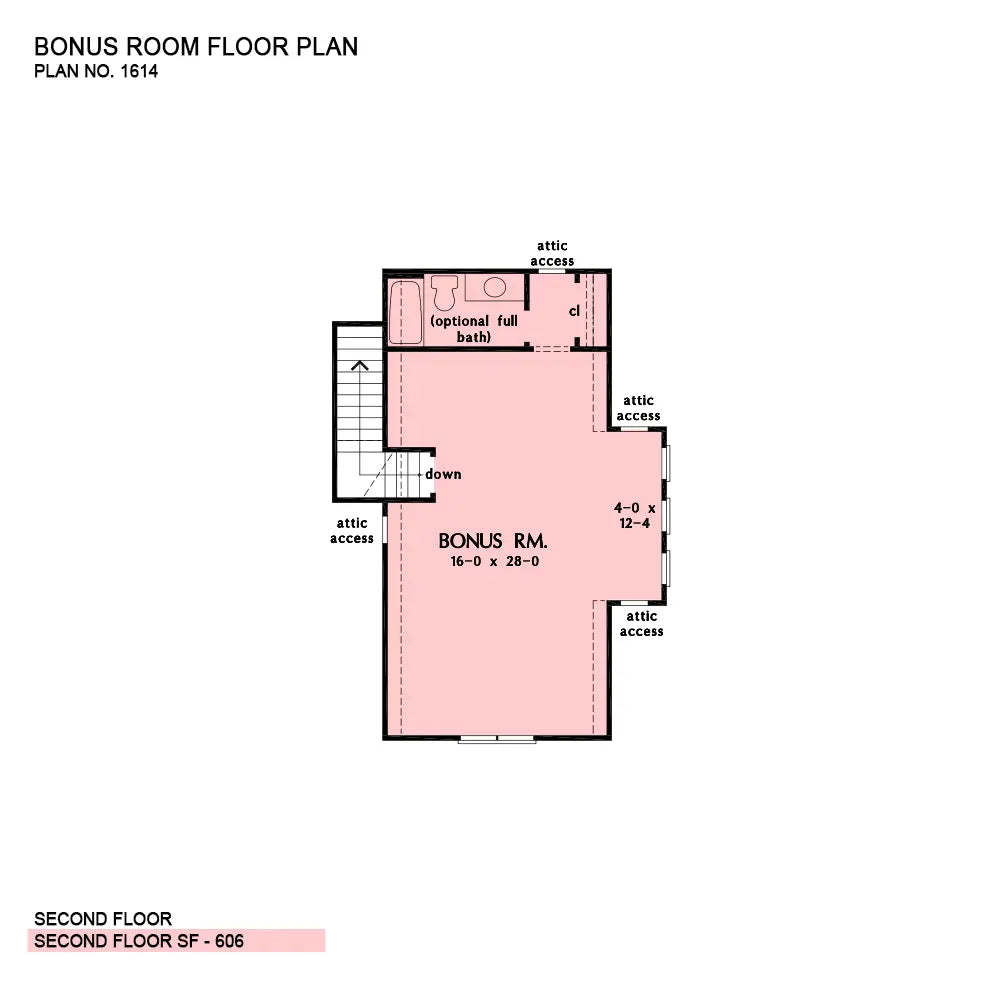 This is the bonus room floor plan image for four bedroom house plan 1614 The Arlene