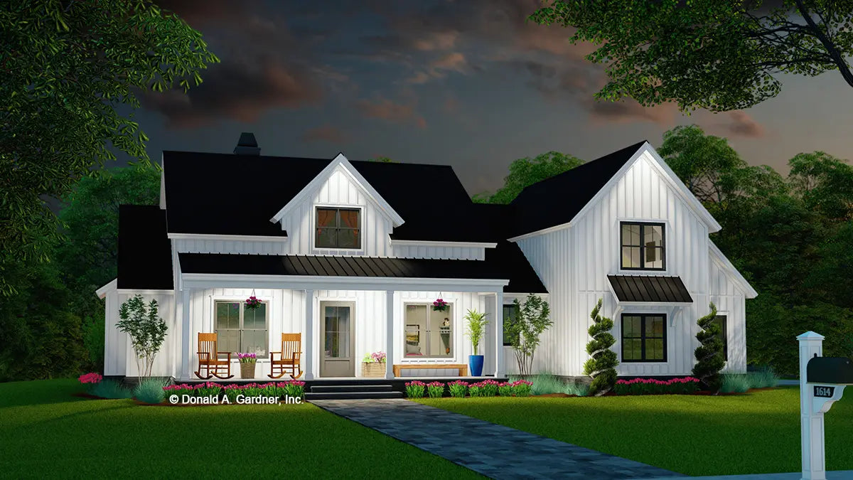 This is an illustration of the front of four bedroom house plan 1614 The Arlene at dusk