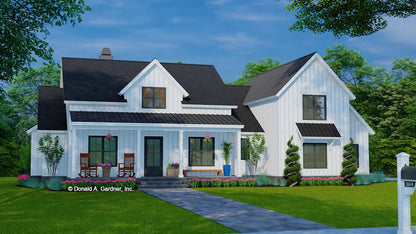 This is an illustration of the front of modern farmhouse house plan 1614 The Arlene