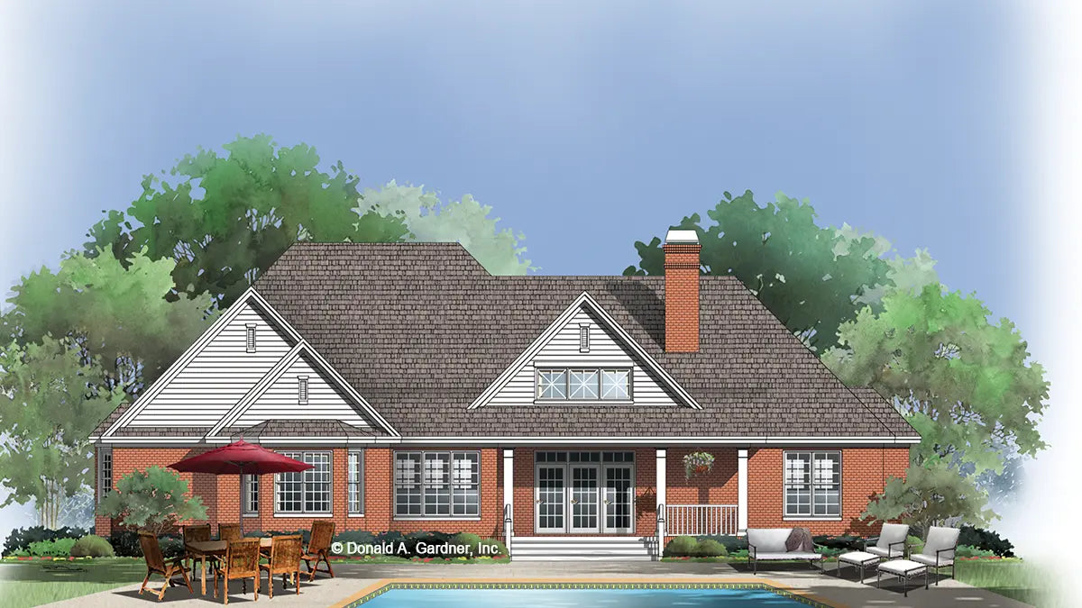 This is an illustration of the rear of brick house plan 1110 The Armaly