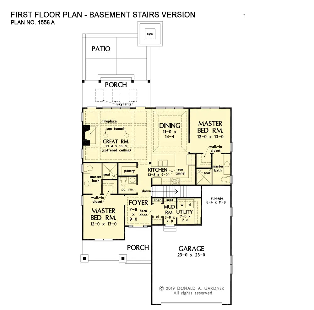 This is the first floor plan image for cottage house plan 1556 The Artemis if the home is built over a basement