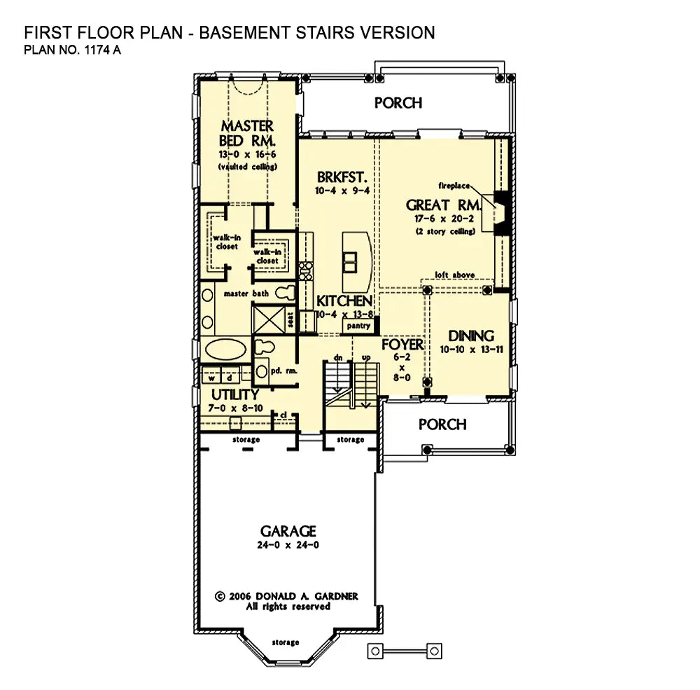 This is the first floor plan image for two story house plan 1174 The Astoria if the home is built over a basement