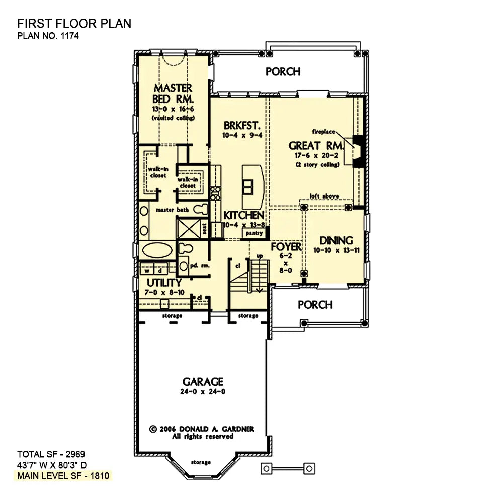 This is the first floor plan image for narrow lot house plan 1174 The Astoria