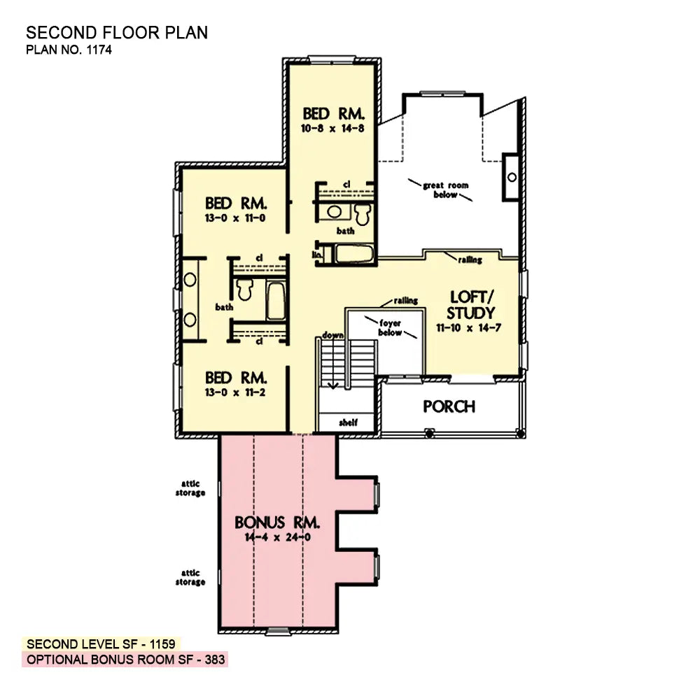 This is the second floor plan image for four bedroom house plan 1174 The Astoria