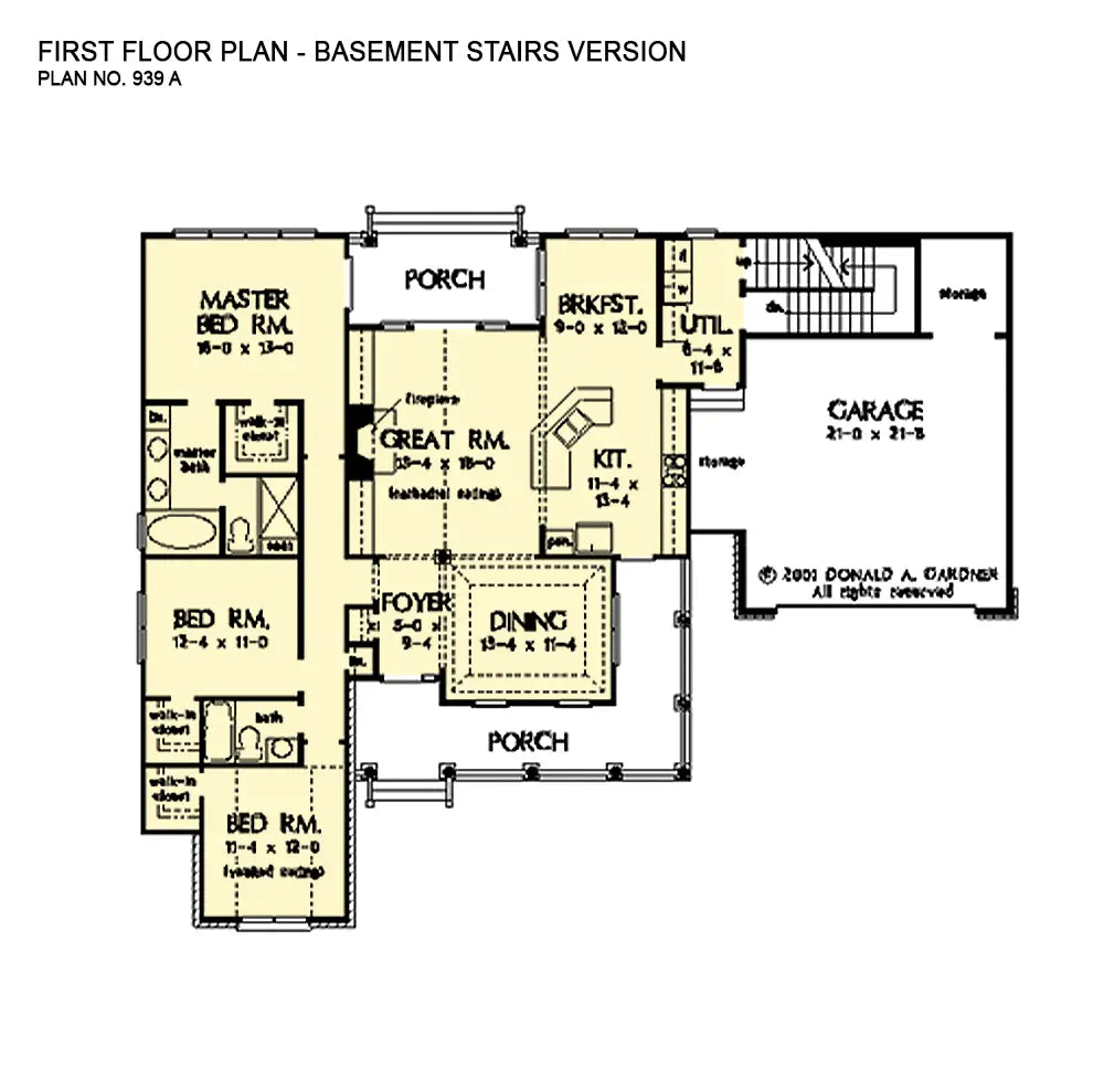 This is the first floor plan image for brick house plan 939 The Atchinson if the home is built over a basement