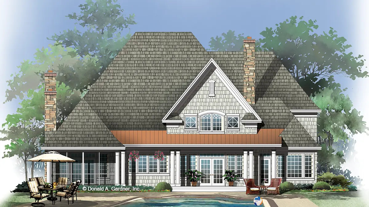 Rear view illustration with a screened in porch. The Atherton plan #1202.